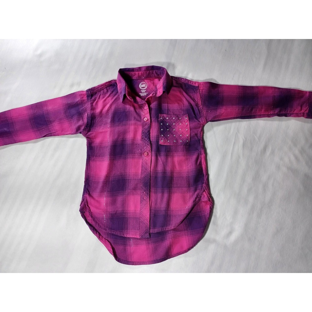 Wonder Nation Shirt Girls XS 4/5 Pink Purple Plaid Long Sleeve Rhinestone Pocket